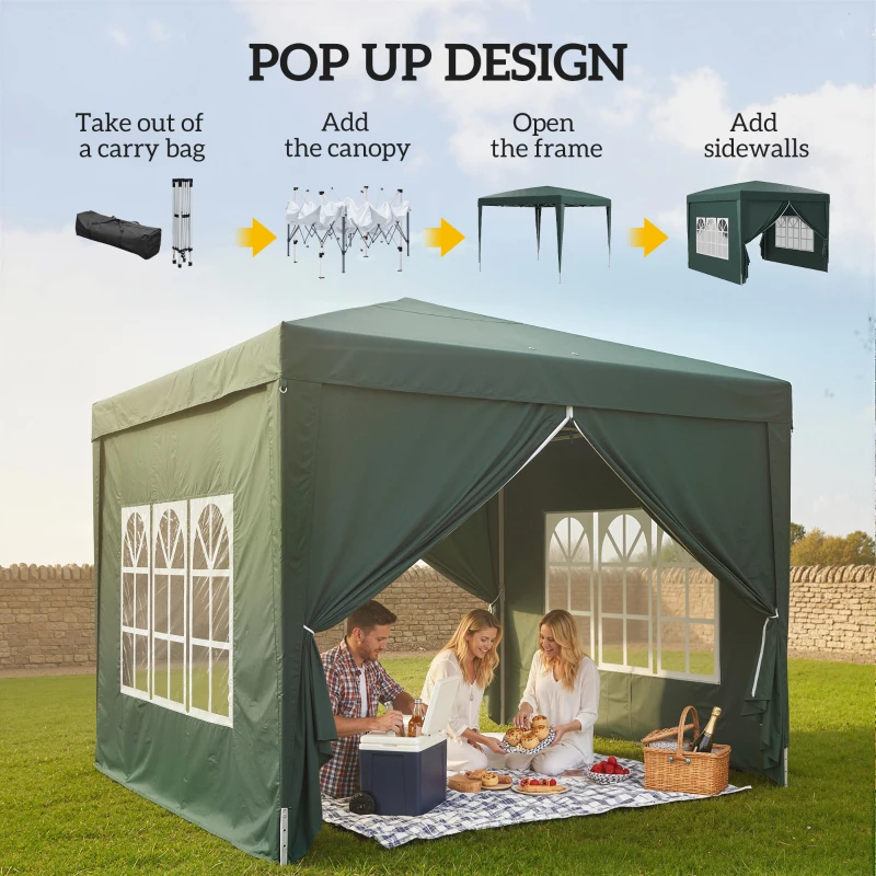 Outsunny 3 x 3m Pop Up Gazebo, Wedding Party Canopy Tent Marquee with Carry Bag and Windows, Green(m-4)