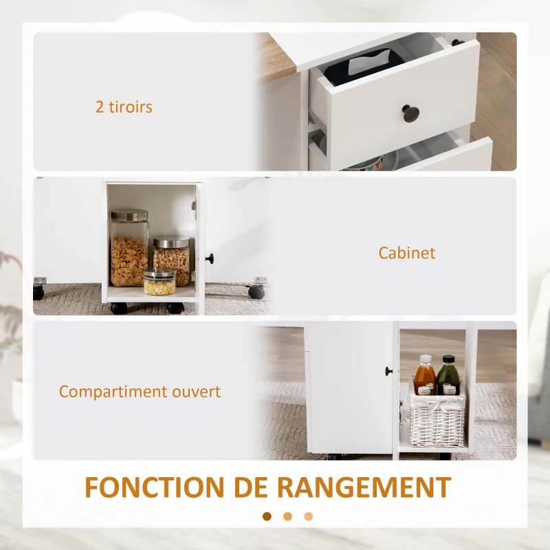 HOMCOM Table de cuisine pliable table à manger pliante 2 plateaux rabattables avec 2 tiroirs 1 placard blanc et chêne