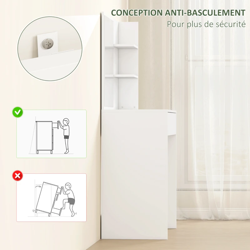 HOMCOM Coiffeuse avec miroir, table de maquillage avec tiroir et étagères, pour chambre à coucher, 75l x 40P x 137H cm, blanc