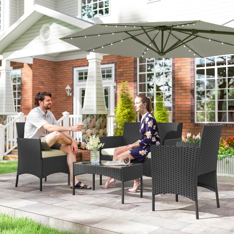 Outsunny Set da giardino in rattan con divano e tavolo, Nero e Crema