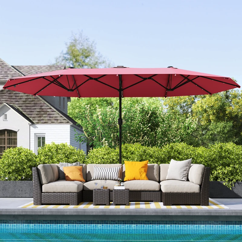 Outsunny 4.4m Double-Sided Sun Umbrella Patio Parasol LED Solar Lights Red