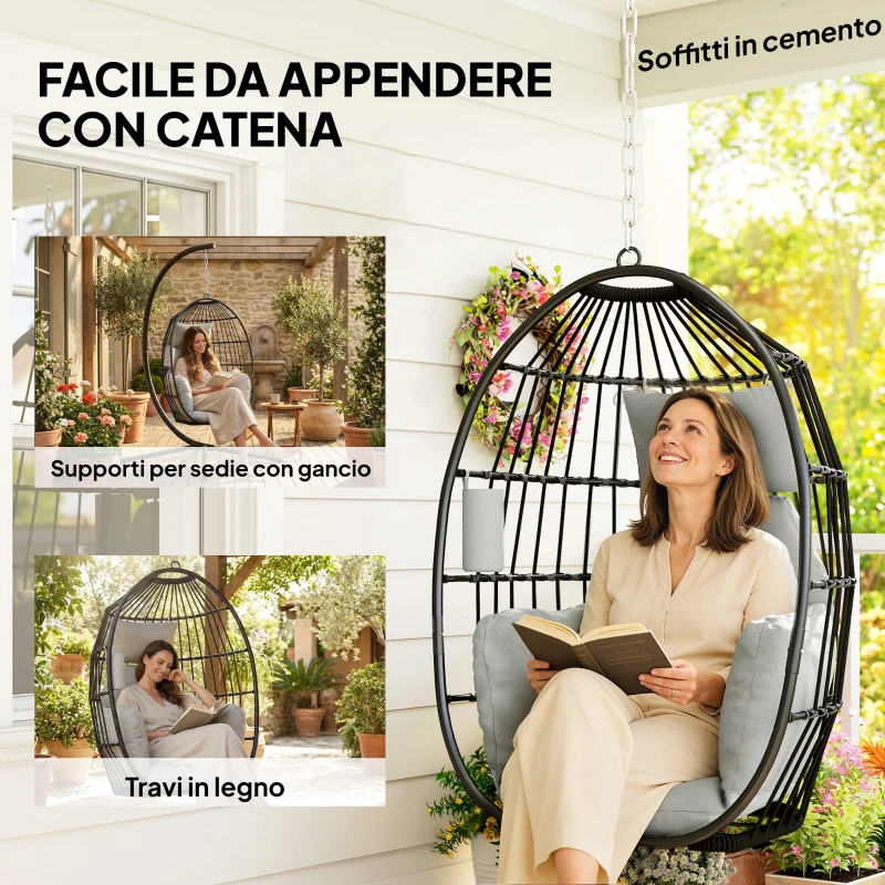 Outsunny Poltrona Sospesa a Uovo con Gancio, Cuscino e Poggiatesta, in Acciaio e Poliestere, 75x62x107 cm, Grigio