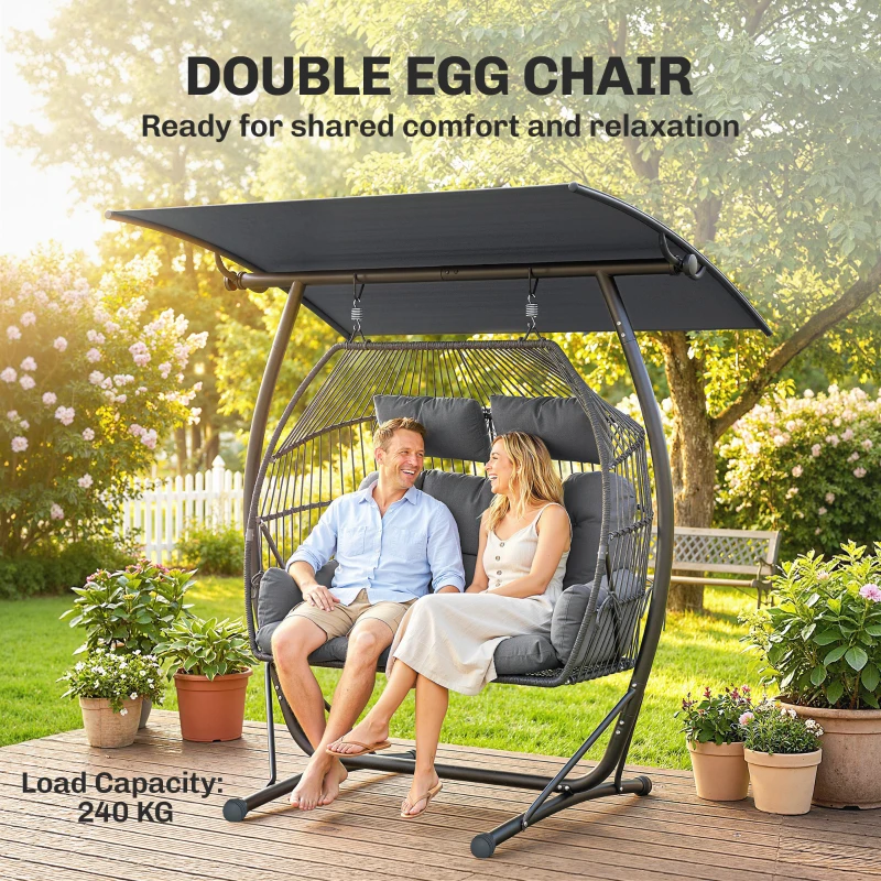 Outsunny Double Hanging Egg Chair with Canopy, Rattan Garden Egg Swing Chair with Cushion, Stand for Indoor Outdoor, Dark Grey