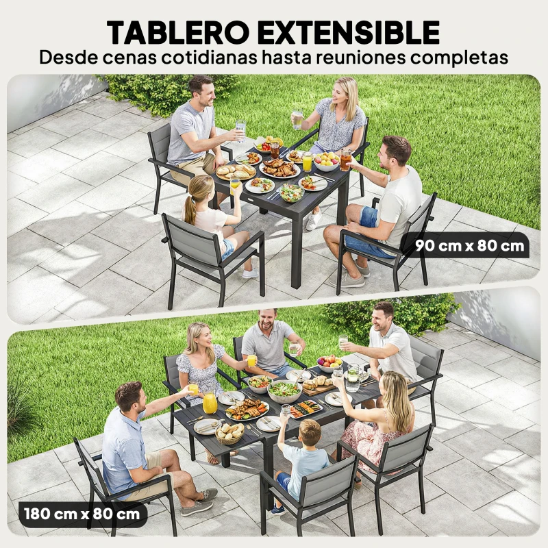Outsunny Conjunto de Mesa y Sillas Jardín con Mesa Extensible y 6 Sillas Apilables Transpirables Marco de Aluminio Gris