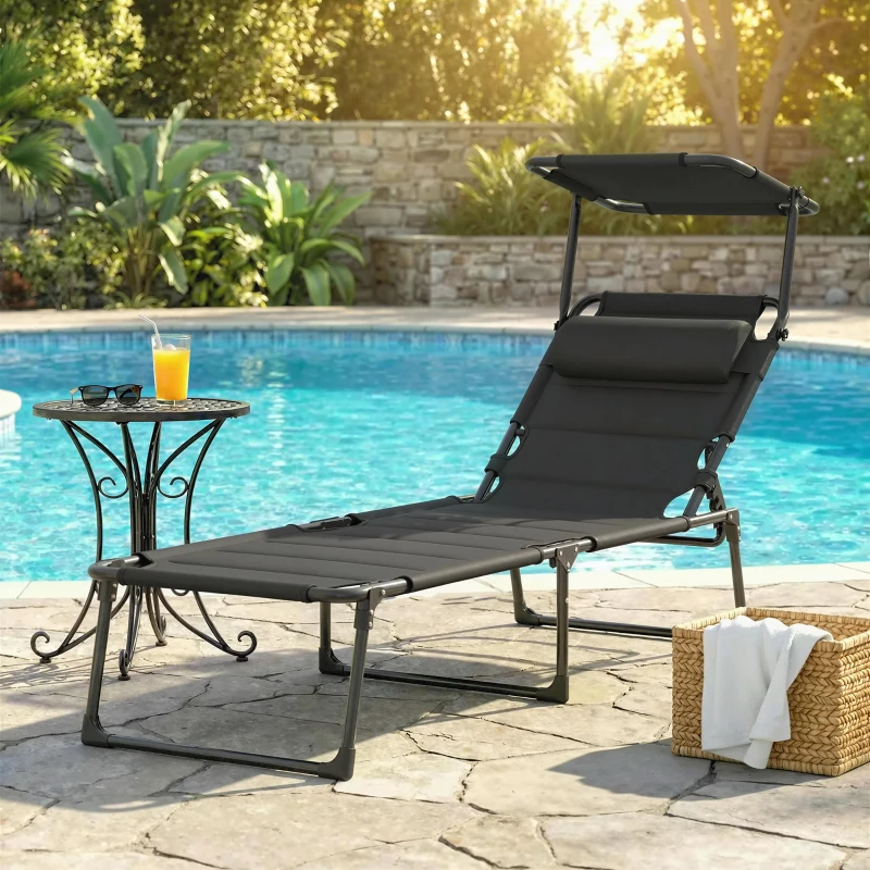 Outsunny Lettino pieghevole con parasole e poggiatesta, 70x200x45 cm, Nero