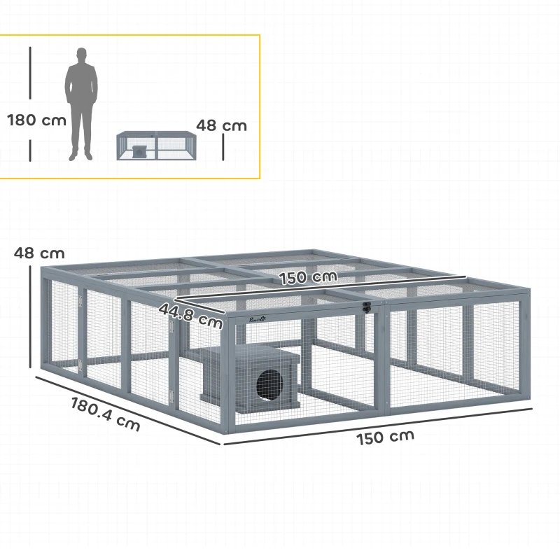 PawHut Recinto per conigli in legno con casetta e 2 porte, 180x150x48 cm, grigio