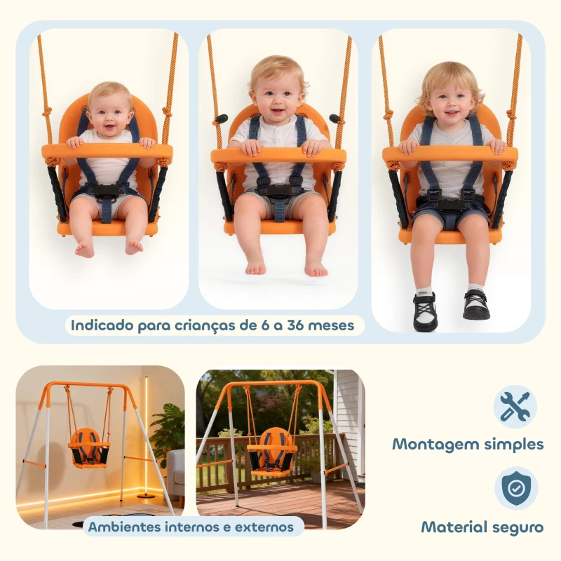 Outsunny Baloiço Infantil de Aço para Crianças dos 6 aos 36 Meses com Encosto Alto e Arnês de Segurança 122x146x122 cm Laranja