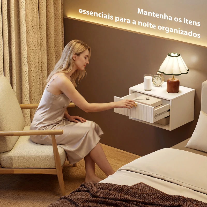 HOMCOM Conjunto de Mesas de Cabeceira Flutuantes com Gaveta Estriada e Prateleira Aberta 40x30x25 cm Branco