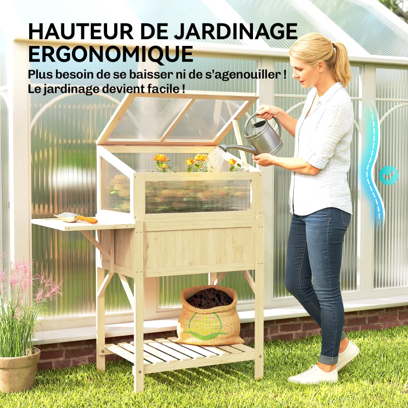 Outsunny Carré potager sur pieds avec serre, jardinière surélevée, table latérale pliante et étagère, 104x50x120cm, bois naturel