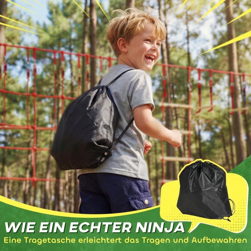AIYAPLAY Ninja Line Kinder 10m Slackline Set mit Turnringe Schaukel Kletterleiter Kletternetz für 3-6 Jahre 1000x300x180 cm Rot