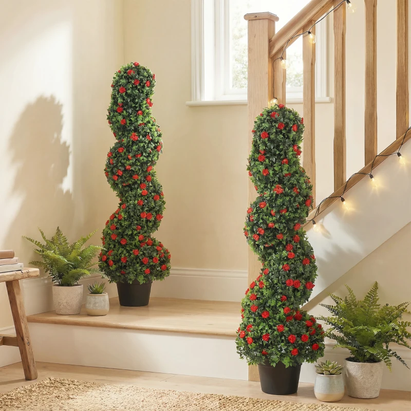 HOMCOM Artificial Rose Spiral Topiary Tree Set of 2, Indoor Outdoor Fake Plants with 630 Leaves, 90cm