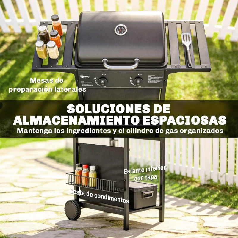 Outsunny Barbacoa de Gas BBQ Gas con 2 Quemadores 5 kW Termómetro Mesas Laterales Estante Rejilla Calentadora 2 Ruedas Negro