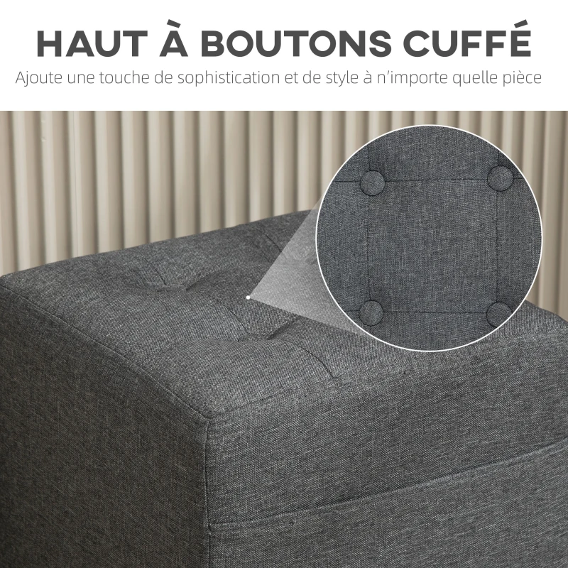 HOMCOM Fußhocker Wohnzimmer, Ottoman, gesteppter gepolsterter Sitz in Leinenoptik mit Seitentasche, 35 x 35 x 35 cm, grau