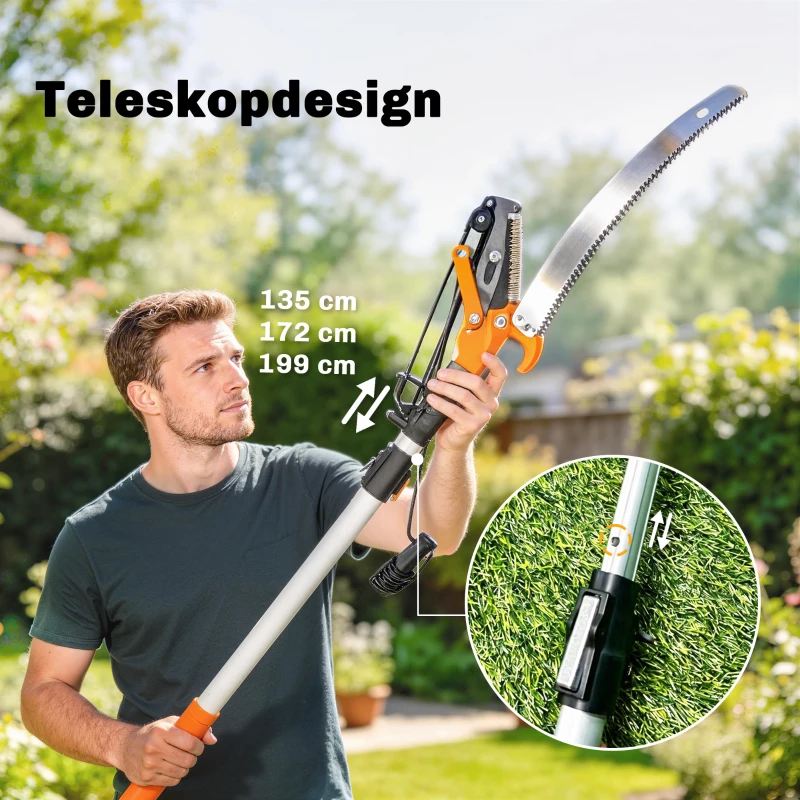 Outsunny 2-in-1 boomzaag met geïntegreerde takkenschaar, telescopische steel van 135/172/199 cm voor hoge takken, oranje