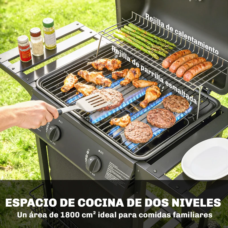 Outsunny Barbacoa de Gas BBQ Gas con 2 Quemadores 5 kW Termómetro Mesas Laterales Estante Rejilla Calentadora 2 Ruedas Negro