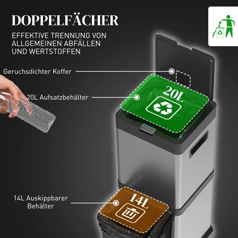 HOMCOM Pedaalemmer 20+14L met deksel, voetpedaal, kantelvak, uitneembare inzetemmers, RVS 32,5 x 31,5 x 78 cm Zilver