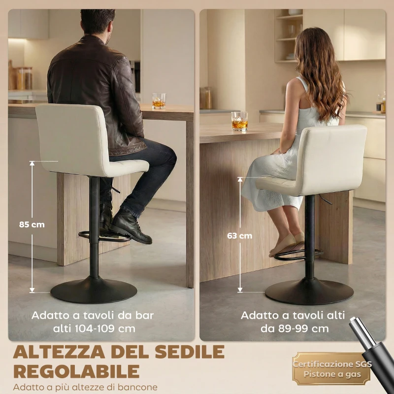 HOMCOM Set 2 Sgabelli da Bar Regolabili con Poggiapiedi, in Pelle PU e Acciaio, 39.5x44x88-110 cm, Crema