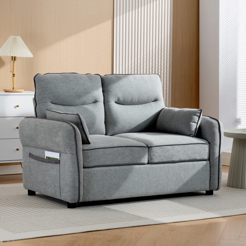 HOMCOM Canapea 2 locuri, canapea de living din velur egiptean, 2 perne incluse, buzunar lateral, 136 x 81 x 90 cm, gri