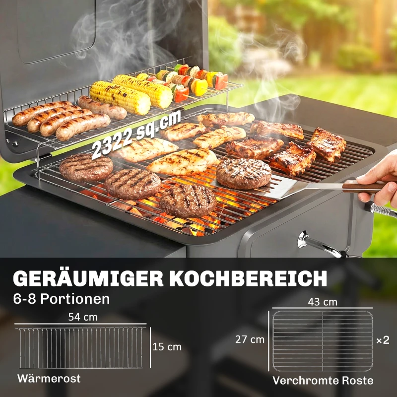 Outsunny Holzkohlegrill BBQ Smoker mit Deckel Thermometer höhenverstellbar Kohlepfanne Kamin Grillrost Seitentisch Aschefach