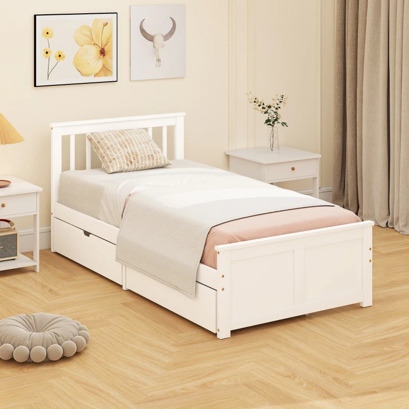 HOMCOM Armazón de cama individual, armazón de madera, cajones con ruedas, no necesita somier, 90 x 200 cm, blanco