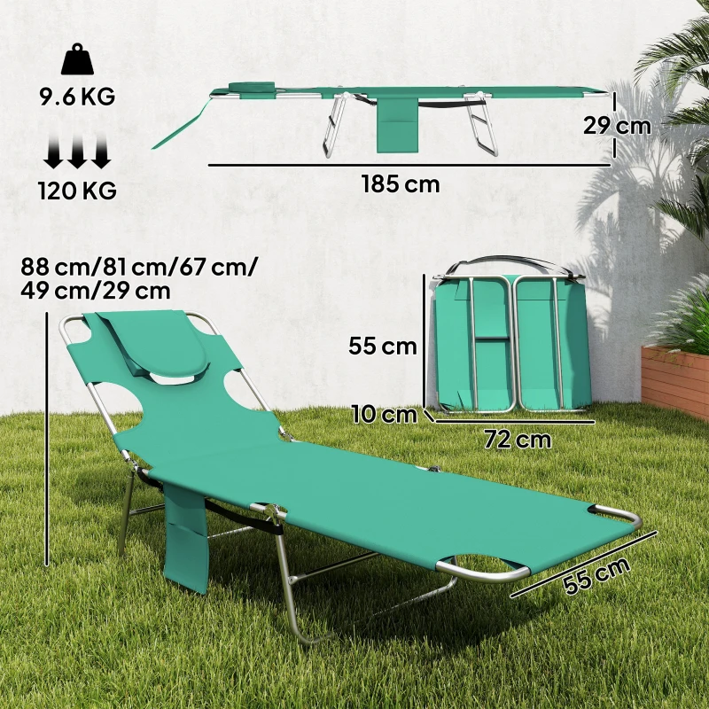 Outsunny 5-Position Adjustable Sun Loungers Set of 2 with Reading Hole and Side Pocket, Green