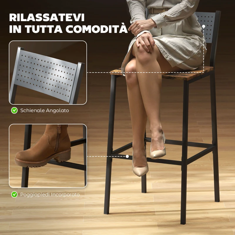 HOMCOM Set 2 Sgabelli da Bar con Schienale e Poggiapiedi Integrato in Stile Industriale, Marrone Rustico