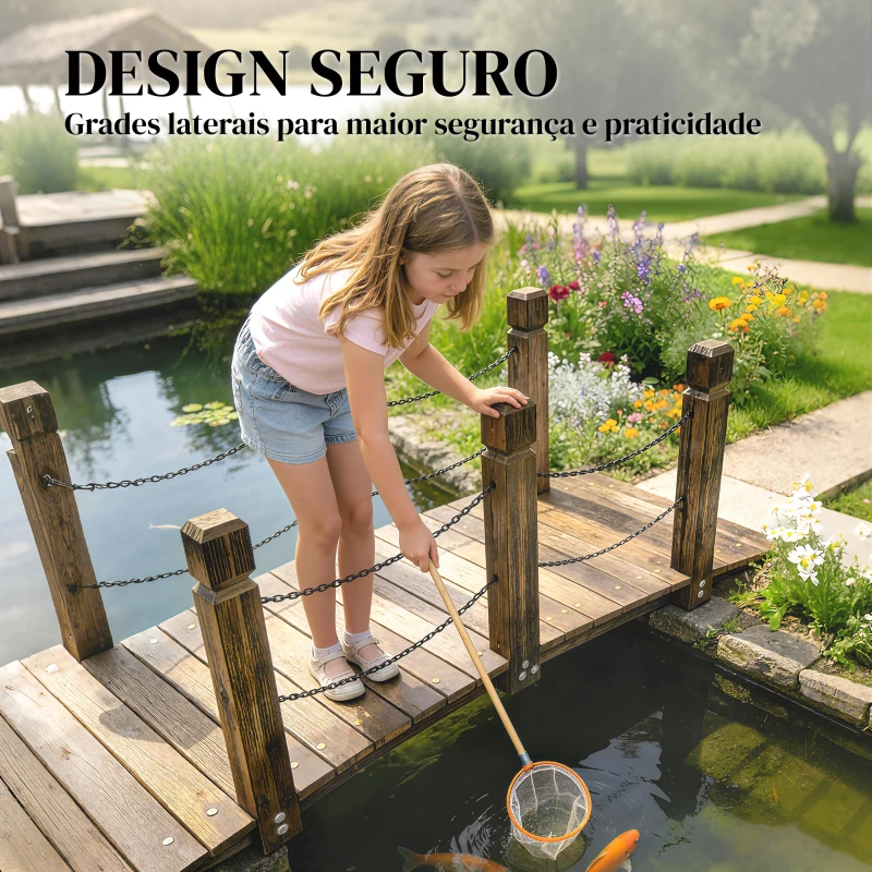 Outsunny Ponte de Jardim de Madeira 1,51 m Ponte Decorativa para Lagos Rústica com Corrimões de Segurança Carbonizada