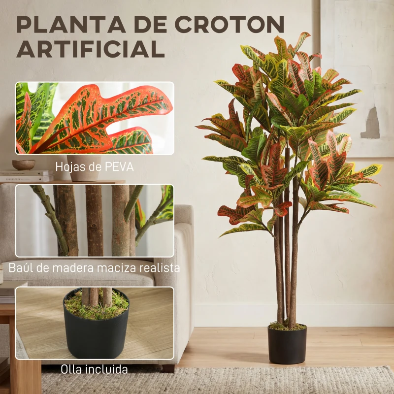 HOMCOM Crotón Artificial 120 cm Planta Artificial Decorativa con Maceta y Hojas para Decoración del Interior Multicolor