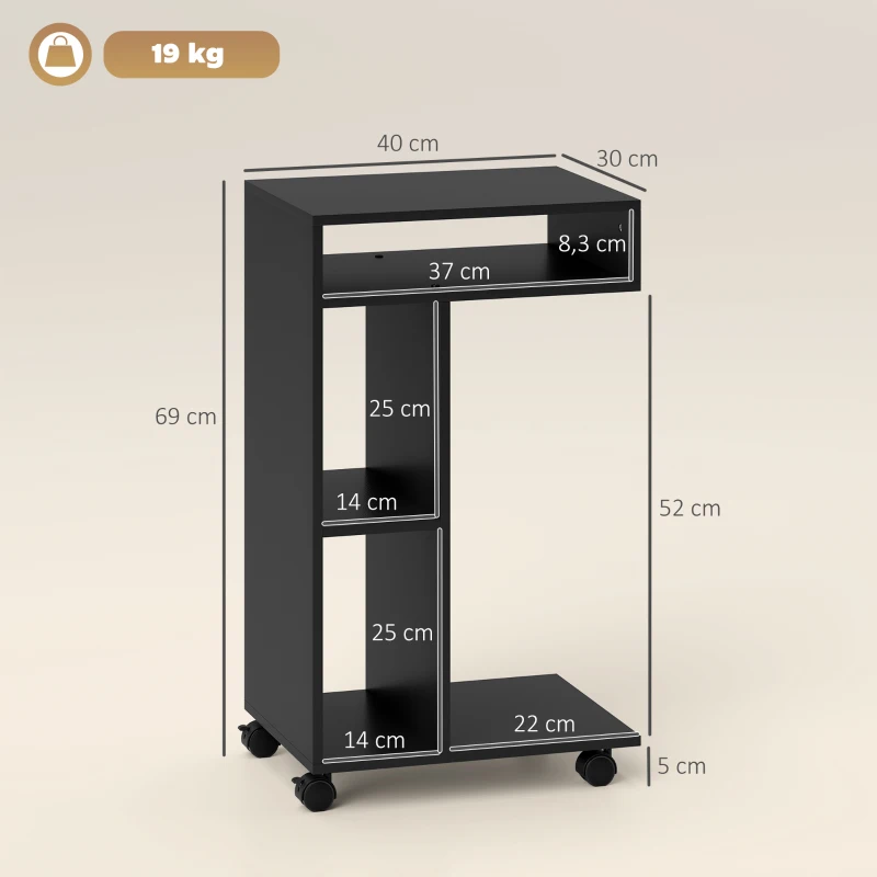 HOMCOM Mesa auxiliar, carrito en forma de C, 4 ruedas, 3 compartimentos, 40 x 30 x 69 cm, Negro
