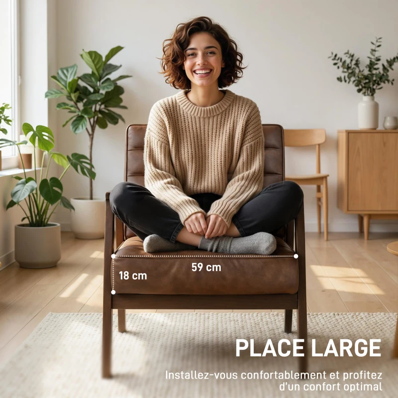 HOMCOM Fauteuil salon, fauteuil d'appoint rembourré en PU avec large assise, coussin épais et structure en bois massif, marron