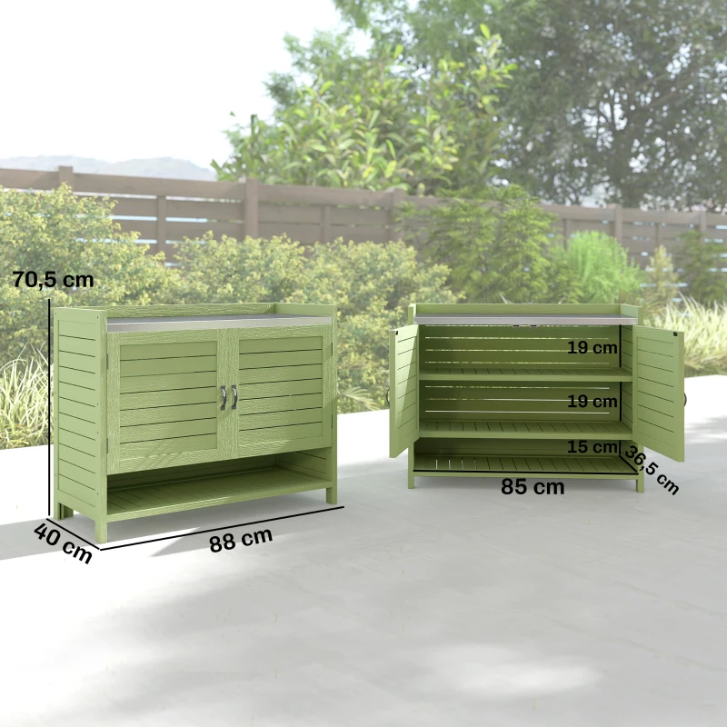 Outsunny Mesa de plantación con armario inferior de madera Armario de jardín con encimera galvanizada 3 estantes 88x40x70,5cm Verde