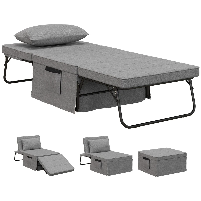 HOMCOM Sillón Cama Tapizado en Lino con Respaldo Ajustable de 5 Niveles Almohada Acolchada 75x80x74 cm Gris