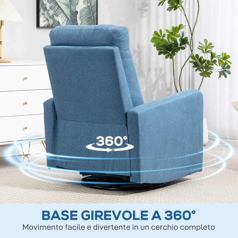 HOMCOM Poltrona Relax Reclinabile Manualmente a 135°, Girevole a 360° con Funzione Dondolo, Blu