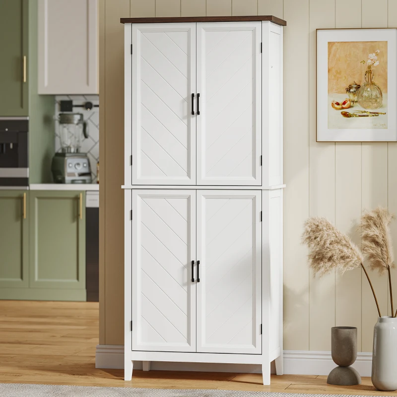 HOMCOM Credenza Alta Cucina 6 Livelli, Armadio da Cucina con 4 Ante a Spina di Pesce e 4 Ripiani Regolabili, 76x40x178,5 cm, Bianco