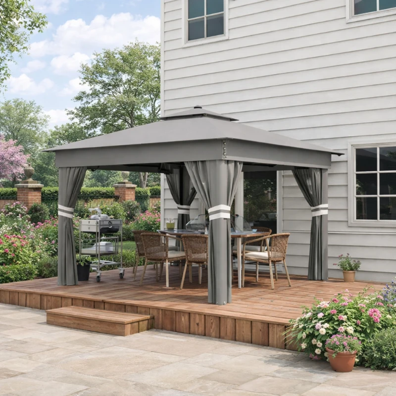 Outsunny 3.36 x 3.36m Pop Up Gazebo Party Tent with Solar-Powered LED Lights, Adjustable Event Shelter with Netting, Grey