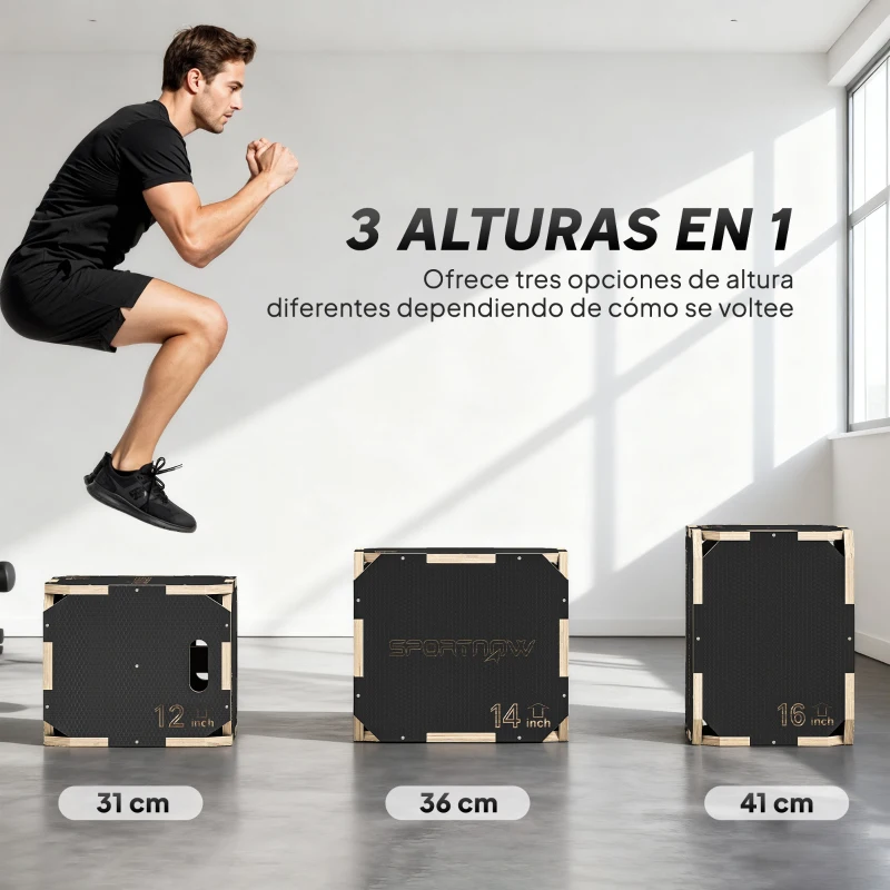 SPORTNOW Cajón Pliométrico de Madera 3 en 1 con 3 Alturas Diferentes Asas sin Esquinas Entrenamiento de Salto 41x36x31 cm Negro