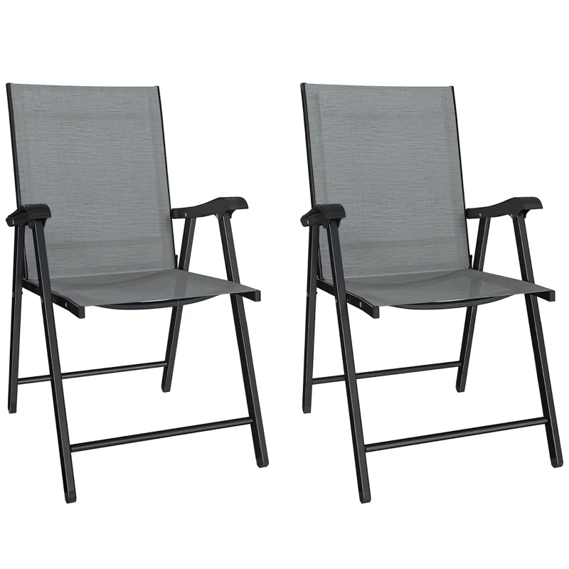 Outsunny Folding Garden Chairs Set of 2, Foldable Garden Dining Chairs with High Back, Armrests, Texteline Seat, Light Grey