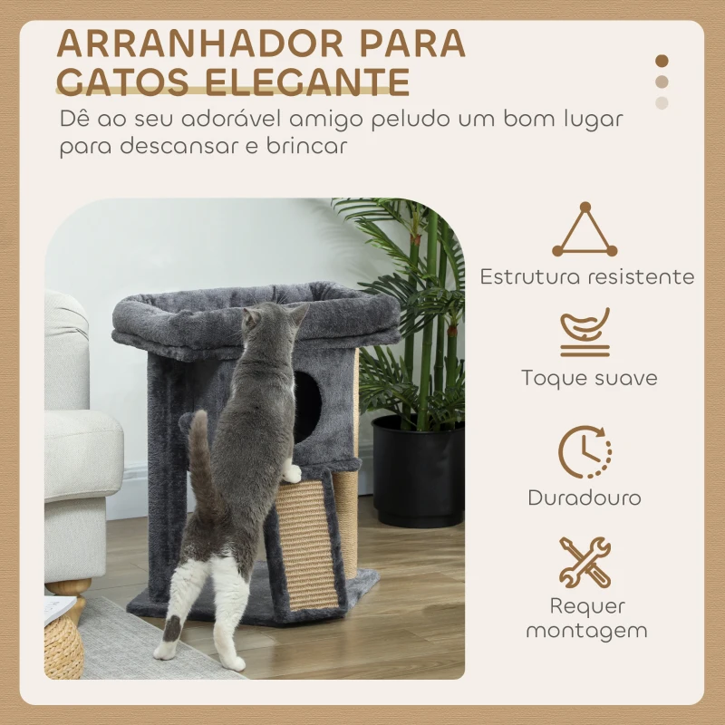 PawHut Arranhador para Gatos Pequenos 57 cm com Rampa para Arranhar Caverna Cama e Bola Suspensa 40x40x57 cm Cinzento Escuro