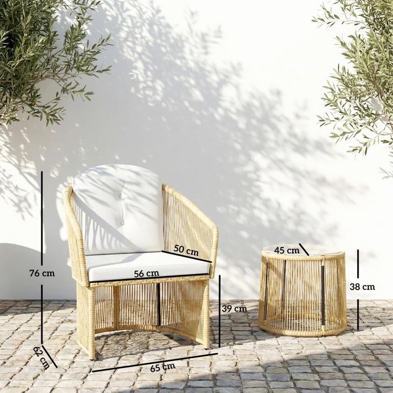 Outsunny Set da giardino 3 pezzi in rattan con tavolo e 2 sedie con cuscini, Crema