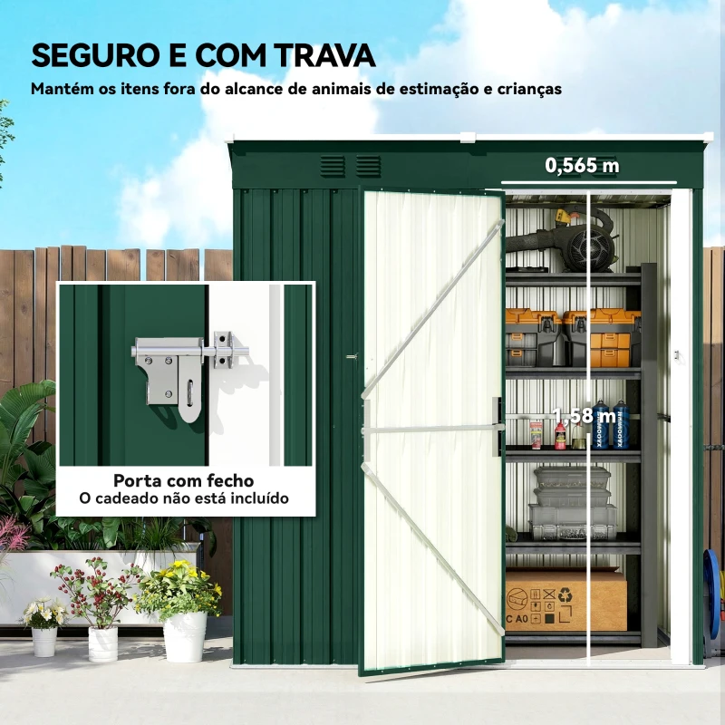 Outsunny Abrigo de Jardim Exterior 1,37 m² 163x90x179 cm com Porta com Fechadura e Grelhas de Ventilação Verde