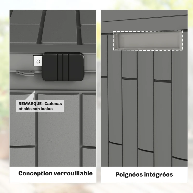 Outsunny Coffre de Rangement Extérieur 227 L Verrouillable avec Vérin à Gaz, Aspect Bois, 106,5x43x54,5cm, Marron Café