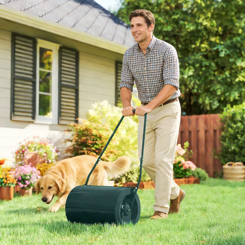 Outsunny Rulo para césped de 63L de capacidad con lámina raspadora, de metal, 123x58x40 cm, Verde oscuro