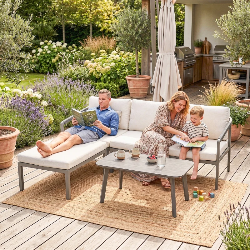 Outsunny 3 Piece Garden Dining Set, Outdoor Patio Furniture with 3 Seater Sofa, Footstool, Coffee Table and Cuhsions