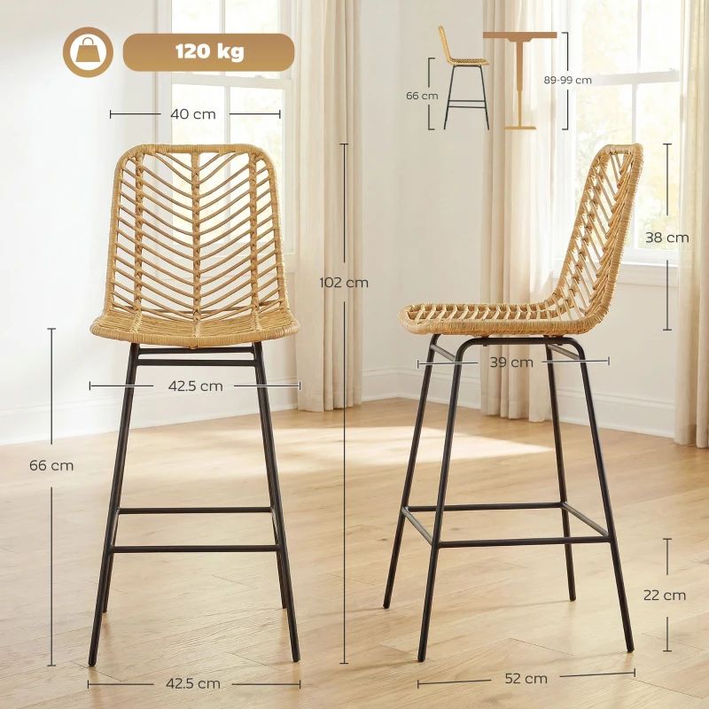 HOMCOM Lot de 2 taburete de bar design boem Înălțime 66 cm cu suport pentru picioare din metal și răchită PE, natural