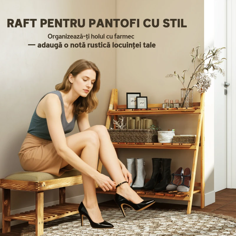 Outsunny Suport pentru Plante Pliabil, Jardinieră cu 3 Niveluri, Raft de Exterior pentru Plante, 80x37x93 cm, Lemn Natural