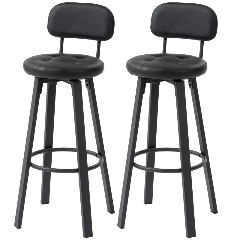 HOMCOM Set de 2 taburetes de bar, tapizado de cuero sintético, asiento acolchado, reposapiés, respaldo, estructura metálica, Negro
