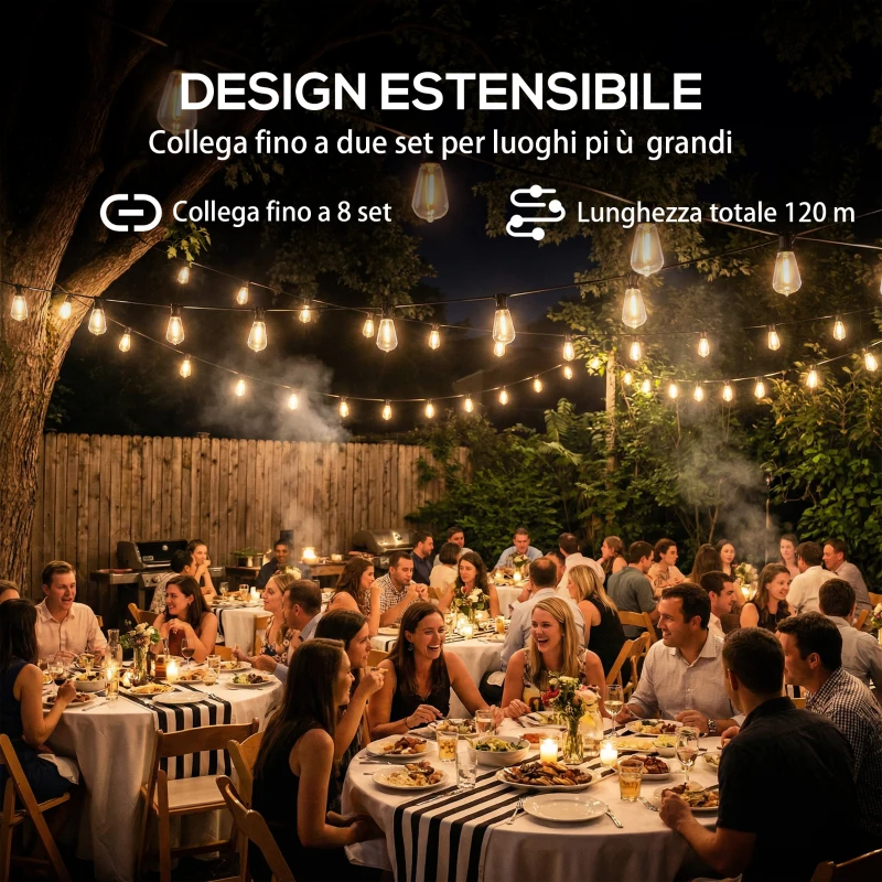 HOMCOM Catena Luminosa da Esterno con 50 Luci LED IP44, in PET e Plastica, 1800x3.8x9 cm, Nero e Trasparente