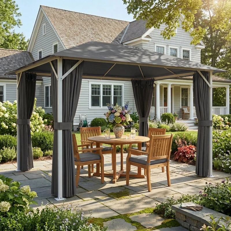 Outsunny Gazebo da Giardino 4x3m Impermeabile e Stabile, con Zanzariera, 4 Pannelli Laterali, Ventilazione e Fori di Drenaggio, Grigio Scuro