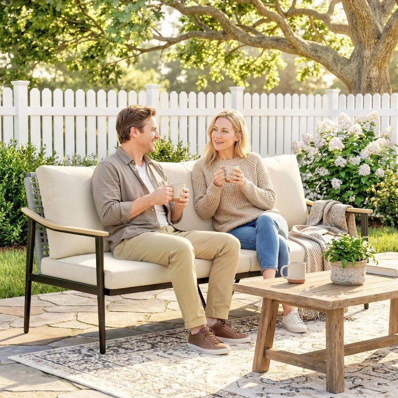 Outsunny 3 Seater Rattan Sofa, Outdoor Garden Sofa with Wood-Effect Armrests, Cushions for Patio, Balcony, Khaki