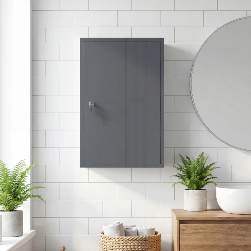 kleankin Armadio Porta Medicinali da Parete, Armadietto da Bagno con 3 Ripiani e 2 Chiavi, 40x18x60 cm, Grigio